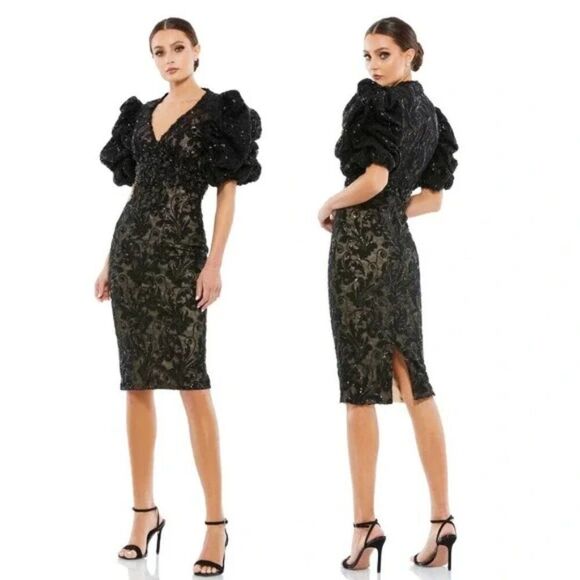 $598 Mac Duggal 12440 Size 10 Black Floral Lace Puff Sleeve V-Neck Midi Dress - Picture 1 of 11